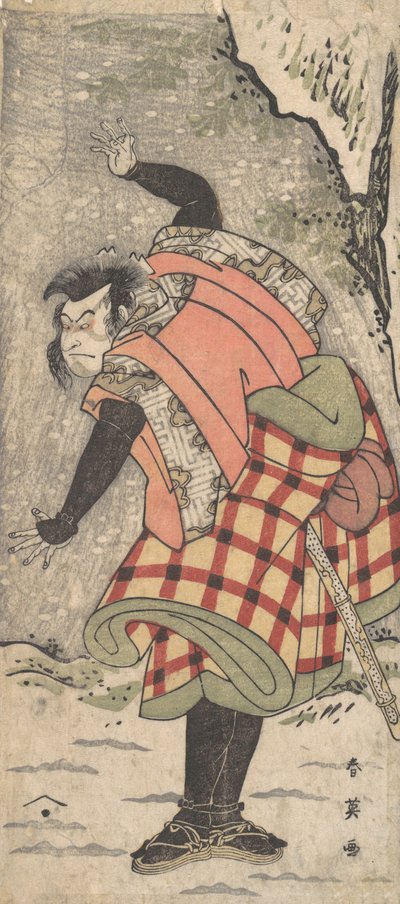 Uidentificeret skuespiller som en Kyokaku, der står ved foden af en klippe i en snestorm, ca. 1793. af Katsukawa Shun