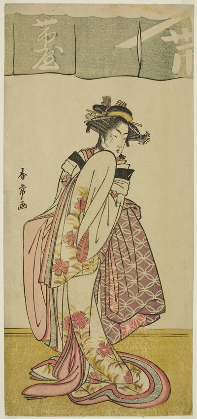 Skuespilleren Segawa Kikunojo III som Shinanoya Ohan i skuespillet Kabuki no Hana Bandai Soga, opført på Ichimura-teatret i den tredje måned, ca. 1786 (farvet træbloktryk; hosoban) af Katsukawa Shunjō