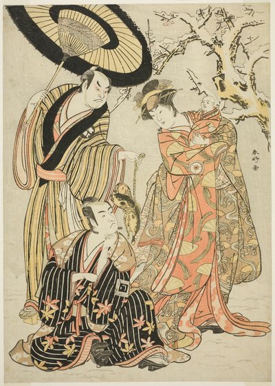 Skuespillerne Iwai Hanshirô IV, Ichikawa Monnosuke II og Sakata Hangorô III i "Snowflakes: At hæve standarden på Izu" ("Mutsu no Hana Izu no Hataage") af Katsukawa Shunkо̄