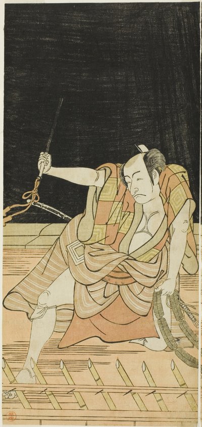 Skuespillerne Nakamura Nakazô I som Danshichi Kurobei og Ichikawa Danjûrô V som Issun Tokubei i "Mirror of Osaka in the SummerFestival" ("Natsu MatsuriNaniwa Kagami") af Katsukawa Shunkо̄