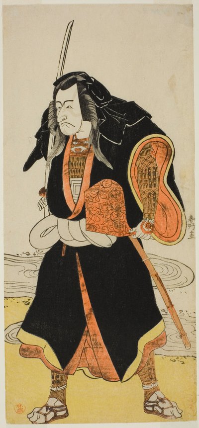 Skuespilleren Ichikawa Danjuro V, sandsynligvis som Ise no Saburo forklædt som Sanjo Uemon, leder af en røverbande, i anden del af stykket Fude-hajime Kanjincho (Første kalligrafi i det nye år: Kanjincho [abonnementslisten]), opført på Nakamura-teatret. af Katsukawa Shunkо̄