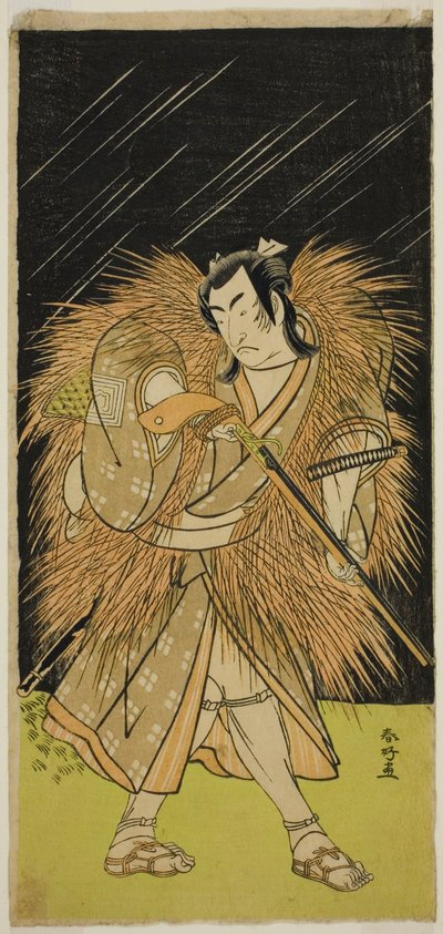 Skuespilleren Ichikawa Monnosuke II som Hayano Kampei i skuespillet Kanadehon Chushin Najori no Kura, opført på Nakamura-teatret i den niende måned, 1780 af Katsukawa Shunkо̄