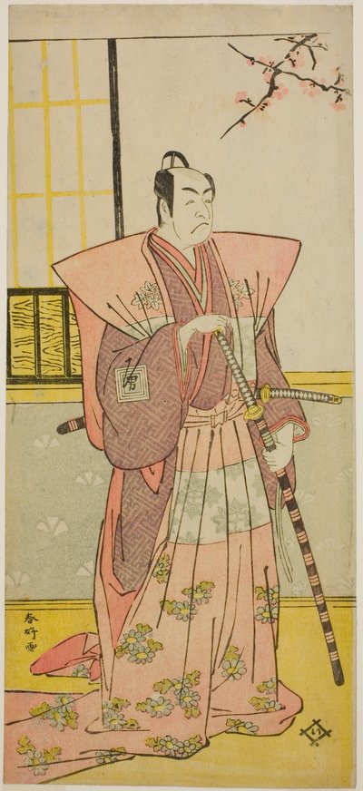 Skuespilleren Ichikawa Omezo I som Koyurugi Motomenosuke () i skuespillet Haru no Nishiki Date-zome Soga (), opført på Nakamura-teatret () i den første måned, 1790 () af Katsukawa Shunkо̄