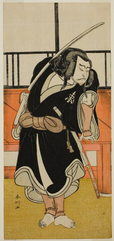Skuespilleren Nakamura Nakazo I som Aso no Matsuwaka () i stykket Iro Moyo Aoyagi Soga (), opført på Nakamura-teatret () i den anden måned, 1775 () af Katsukawa Shunkо̄