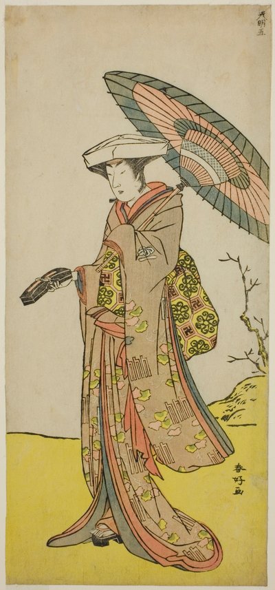 Skuespilleren Nakayama Kojuro VI som Chinzei Hachiro Tametomo forklædt som Lady Hotoke (Hotoke Gozen) i stykket Yukimotsu Take Furisode Genji, opført på Nakamura-teatret i den ellevte måned, 1785 af Katsukawa Shunkо̄