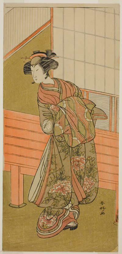 Skuespilleren Segawa Kikunojo III som kurtisanen Takamura fra Onoteruya () i stykket Sugata no Hana Yuki no Kuromushi (), opført på Ichimura-teatret () i den ellevte måned, 1776 () af Katsukawa Shunkо̄