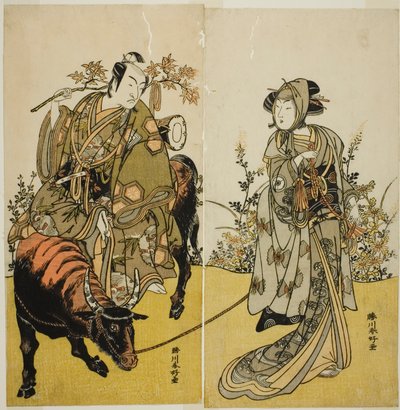 Skuespillerne Iwai Hanshiro IV som Okume (til højre) og Ichikawa Monnosuke II som Koshiba Yukienojo forklædt som Eboshi-sælgeren Rokusaburo (til venstre) i skuespillet Katakiuchi Adana Kashiku, opført på Nakamura-teatret i den syvende måned, 1779 af Katsukawa Shunkо̄