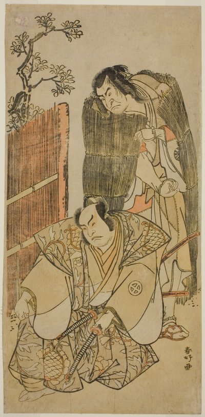 Skuespillerne Nakamura Nakazo I som Kagekiyo klædt ud som tigger (til højre) og Otani Hiroji III som Onio Shinzaemon (til venstre) i stykket Kotobuki Banzei Soga, opført på Ichimura-teatret i den tredje måned, 1783 af Katsukawa Shunkо̄
