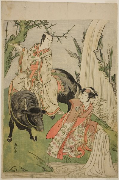 Skuespillerne Segawa Kikunojo III som prinsesse Hatsune (Hatsune Hime) (til højre) og Ichikawa Monnosuke II som Miyukinosuke Yukinari i skuespillet Otokoyama Furisode Genji, opført på Kiri-teatret i den ellevte måned, 1785. af Katsukawa Shunkо̄