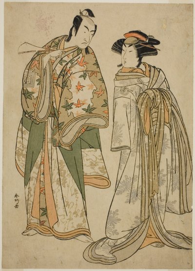 Skuespillerne Segawa Kikunojo III som kurtisanen Sumizome (til højre) og Ichikawa Monnosuke II som Goinosuke Yoshimine (til venstre), i stykket Juni-hitoe Komachi-zakura, opført på Kiri-teatret i den ellevte måned, 1784 af Katsukawa Shunkо̄