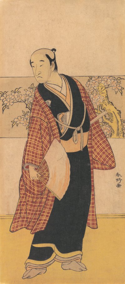En uidentificeret skuespiller står med en åben vifte i hånden, 1743-1812. af Katsukawa Shunko