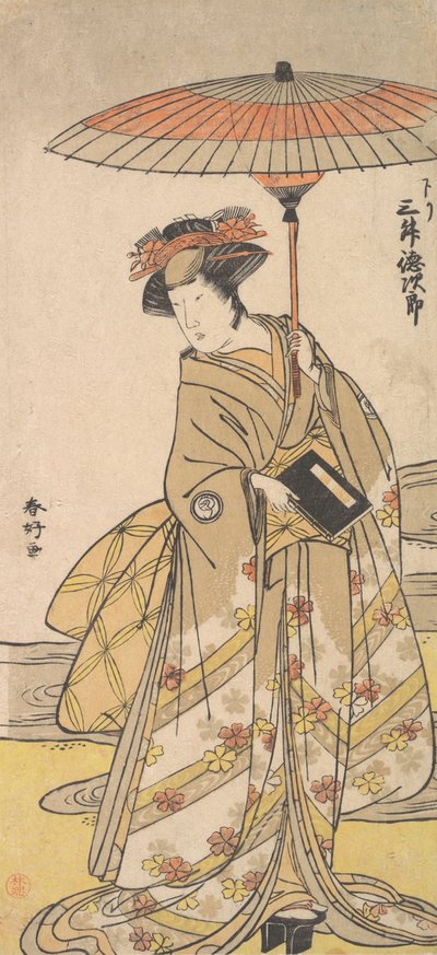 Mimasu Tokujuro som en kvinde, der står nær en snoet strøm, ca. 1780. af Katsukawa Shunko