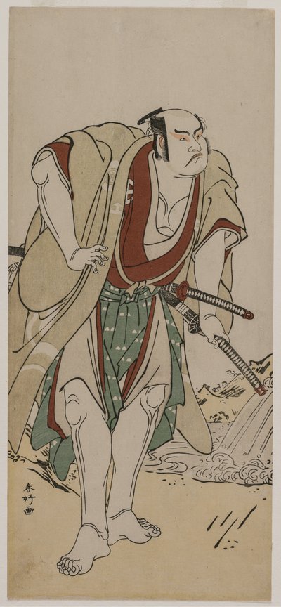 Otani Hiroji III som en samurai, der står ved siden af en å af Katsukawa Shunko