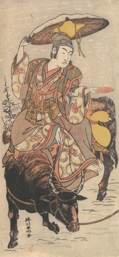 Skuespilleren Matsumoto Koshiro IV på en okse i en snestorm, ca. 1790. af Katsukawa Shunko