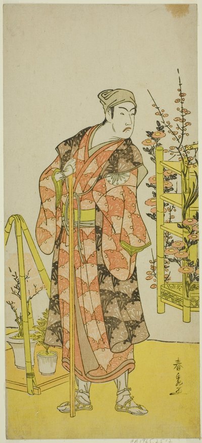 Skuespilleren Matsumoto Koshiro IV som plantesælgeren Awashima no Yonosuke i stykket Mukashi Otoko Yuki no Hinagata, opført på Ichimura Theatre i den ellevte måned, 1781 af Katsukawa Shunsen