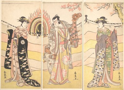 Tre skuespillere i smukke kostumer, der udfører en religiøs dans, ca. 1785. af Katsukawa Shunsen
