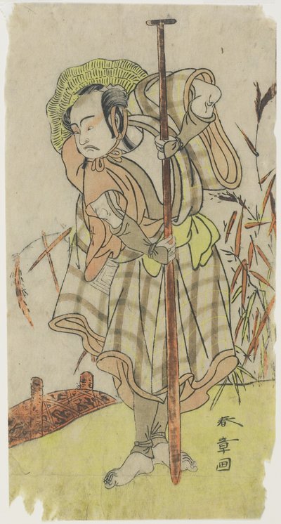 (En skuespiller i en rolle står med en pagaj) af Katsukawa Shunsho