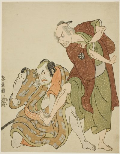 Skuespillere, der spiller rollerne som Giheiji og hans svigersøn, Danshichi Kurobei af Katsukawa Shunsho