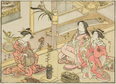 Kurtisaner fra Kadotsutaya, fra bogen "Mirror of Beautiful Women of the Pleasure Quarters (Seiro bijin awase sugata kagami)," vol. 1 af Katsukawa Shunsho