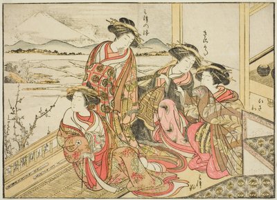 Courtesans of the Obishiya, fra bogen "Mirror of Beautiful Women of the Pleasure Quarters (Seiro bijin awase sugata kagami)," vol. 2 af Katsukawa Shunsho