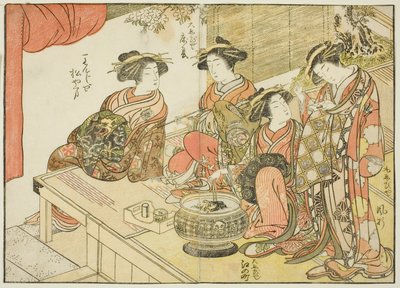Fire kurtisaner fra forskellige huse, fra bogen "Mirror of Beautiful Women of the Pleasure Quarters (Seiro bijin awase sugata kagami)," vol. 3 af Katsukawa Shunsho