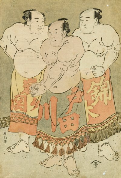 Portrætter i fuld længde af wrestlerne Nishikigi, Todagawa og Iwagaseki, der præsenterer sig selv i ringen (træblok i farver) af Katsukawa Shunsho