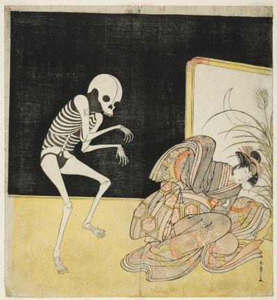 Ichikawa Danjūrō V som skelet, den frafaldne munk Seigens ånd, og Iwai Hanshirō IV som kirsebærprinsessen i "Blomsten fra Edo: An Ichikawa Saga" (Edo no Hana Mimasu Soga). af Katsukawa Shunsho