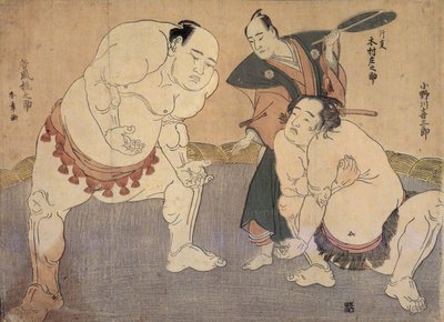 Onagawa Kisaburo og Tanikaze Kajinosuke udfører Shiriki i Dohyo, dømt af Kimura Shonosuke af Katsukawa Shunsho