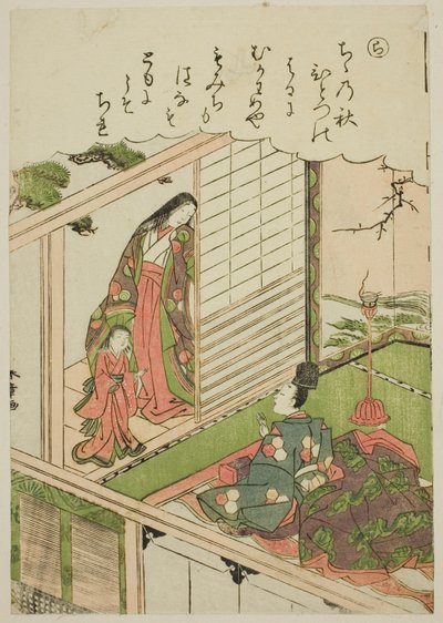 "Ra": Narihira anmoder om et maleri fra en tidligere elsker, fra serien "Tales of Ise in Fashionable Brocade Pictures (Furyu nishiki-e Ise monogatari)" af Katsukawa Shunsho