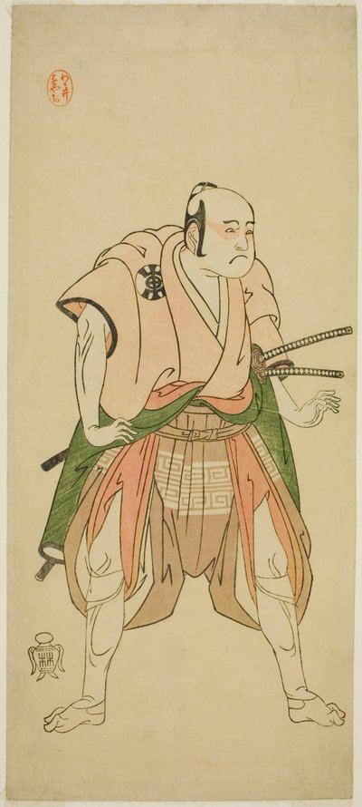 Skuespilleren Bando Sampachi I som Yawata no Saburo (?) i skuespillet Shuen Soga Omugaeshi (?), opført på Ichimura Theatre (?) i den anden måned, 1768 (?) af Katsukawa Shunsho