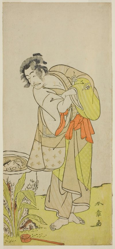 Skuespilleren Ichikawa Danjuro V som Soga no Dozaburo (?) i skuespillet Shida Yuzuriha Horai Soga (?), opført på Morita Theatre (?) i den første måned, 1775 (?) af Katsukawa Shunsho