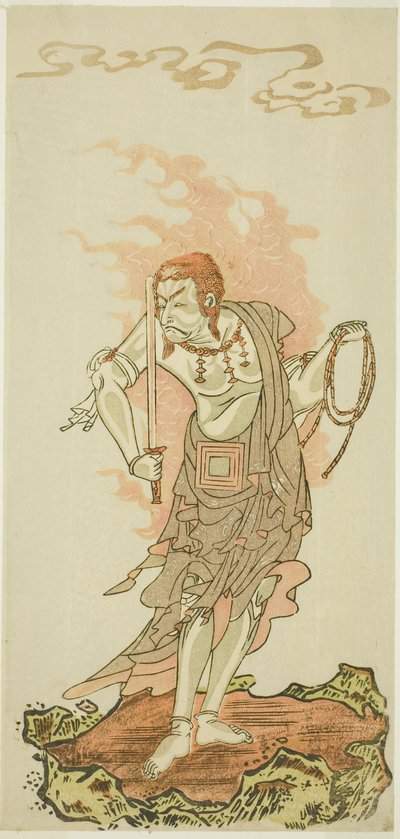 Skuespilleren Ichikawa Danjuro V som den buddhistiske guddom Fudo i slutscenen fra første del af stykket Fuki Kaete Tsuki mo Yoshiwara (Rethatched Roof: The Moon also Shines Over the Yoshiwara Pleasure District), opført på Morita Theatre fra den første af Katsukawa Shunsho