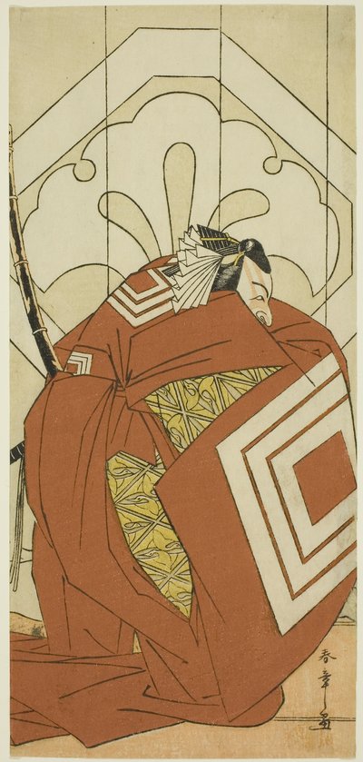 Skuespilleren Ichikawa Danjuro V i en "Shibaraku"-rolle, sandsynligvis som Kato Hyoeisa Shigemitsu, i tredje scene af skuespillet Masakado Kammuri no Hatsuyuki (Den første sne på Taira no Masakados hof-hovedbeklædning), opført på Nakamura-teatret i det ell af Katsukawa Shunsho