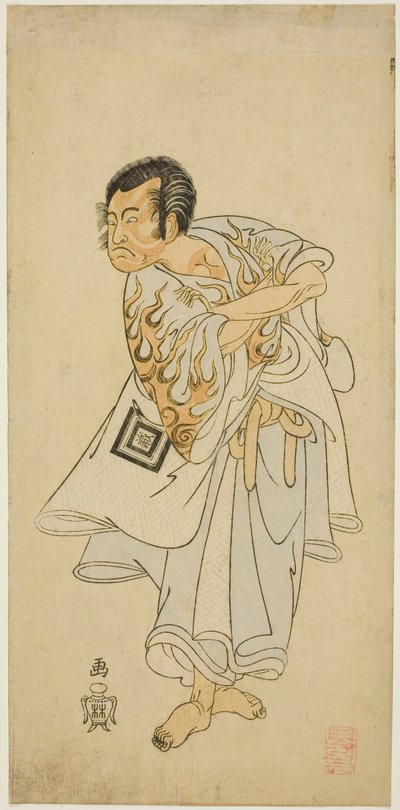 Skuespilleren Ichikawa Danzo III som den hellige eneboer Narukami i stykket "Narukami", opført med "Miyakodori Azuma Komachi (hovedstadens fugl: Østens Komachi)" på Morita Theatre i den tredje måned, 1768 af Katsukawa Shunsho