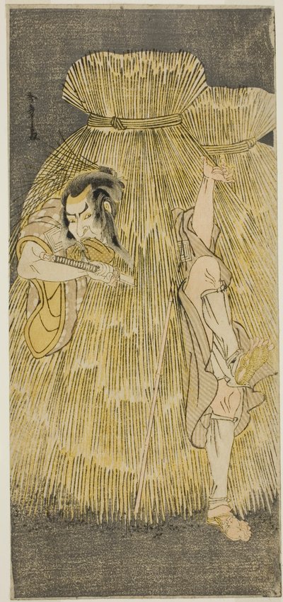 Skuespilleren Ichikawa Danzo IV laver en hurtig ændring mellem rollerne som Sadakuro og Yoichibei i skuespillet Kanadehon Chushingura, opført på Morita Theatre i den tredje måned, 1781 af Katsukawa Shunsho