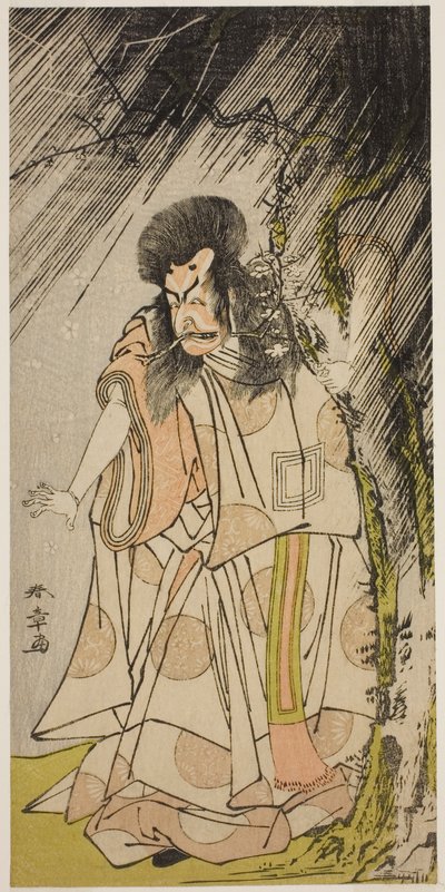 Skuespilleren Ichikawa Ebizo III som tordenguden, en inkarnation af Sugawara Michizane, i skuespillet Sugawara Denju Tenarai Kagami, opført på Ichimura Theatre i den ottende måned, 1776 af Katsukawa Shunsho