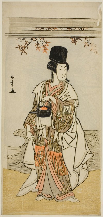 Skuespilleren Ichikawa Monnosuke II som hoftjener Shoheida Sadamori i skuespillet Masakado Kammuri no Hatsuyuki, opført på Nakamura Theatre i den ellevte måned, 1777 af Katsukawa Shunsho