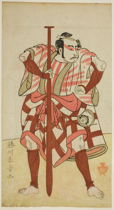 Skuespilleren Kasaya Matakuro II som bådsmanden Rokuzo i et uidentificeret skuespil, opført på Morita Theatre i den femte måned, 1770 af Katsukawa Shunsho