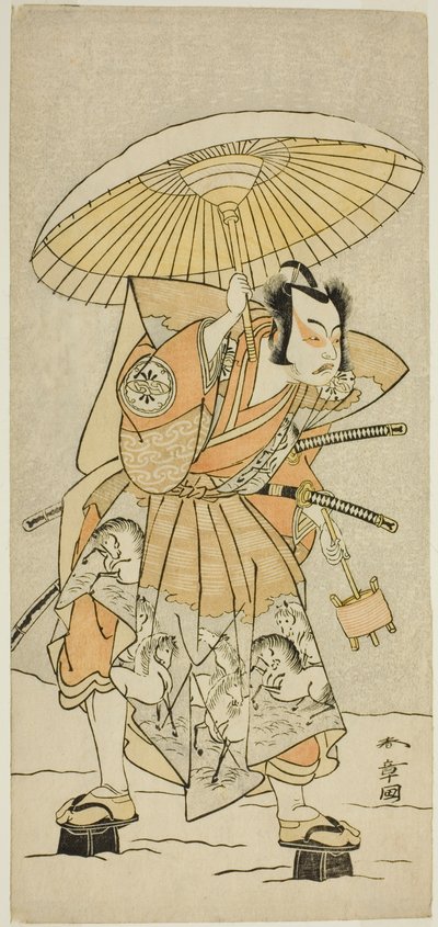 Skuespilleren Nakamura Juzo II som Kajiwara Genta Kagetoki i stykket Izu-goyomi Shibai no Ganjitsu, opført på Morita Theatre i den ellevte måned, 1772 af Katsukawa Shunsho
