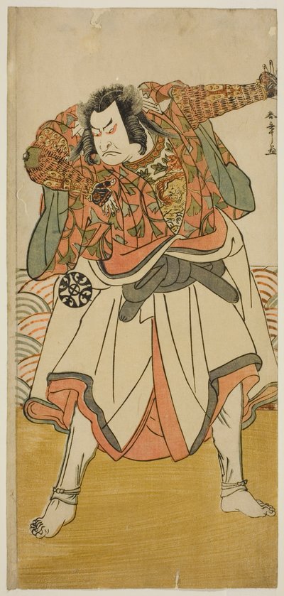Skuespilleren Nakamura Nakazo I som Chinzei Hachiro Tametomo forklædt som en asketisk munk i skuespillet Kitekaeru Nishiki no Wakayaka, opført på Nakamura Theatre i den ellevte måned, 1780 af Katsukawa Shunsho