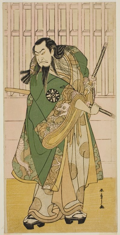 Skuespilleren Nakamura Nakazo I som Hige no Ikyu i skuespillet Nanakusa Yosooi Soga, opført på Nakamura Theatre i den femte måned, 1782 af Katsukawa Shunsho
