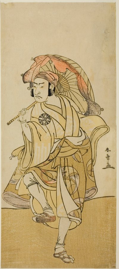 Skuespilleren Nakamura Nakazo I som Onmaya Kisanda forklædt som løvedanseren Kakubei i stykket Chigo Torii Tobiiri Kitsune, opført på Ichimura Theatre i den ellevte måned, 1777 af Katsukawa Shunsho