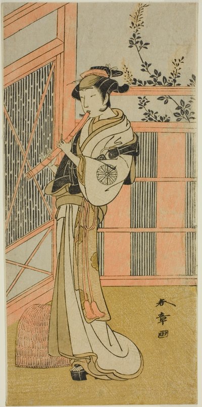 Skuespilleren Nakamura Noshio I som Misao forklædt som en Komuso i skuespillet Kosode-gura no Tekubari, opført på Morita Theatre i den anden måned, 1772 (?) af Katsukawa Shunsho