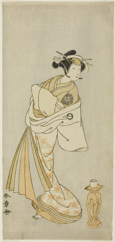 Skuespilleren Nakamura Noshio I som Courtesan Takaos ånd, i Shosagoto-dansesekvensen "Sono Utsushi-e Matsu ni Kaede" (Et skyggebillede af fyrretræ og ahorn), den sidste scene i anden del af stykket Keisei Momiji no. Uchikake (Courtesan i en Over-K af Katsukawa Shunsho