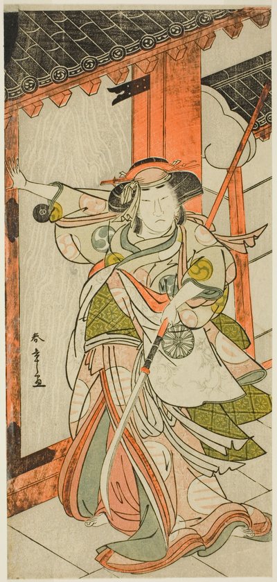 Skuespilleren Nakamura Tomijuro I som Hangaku Gozen, der bryder porten ned i stykket Wada-gassen Onna Maizuru (Wada-konflikten: En kvindes "Maizuru"), opført på Nakamura-teatret fra den femogtyvende dag i den syvende måned, 1777. af Katsukawa Shunsho