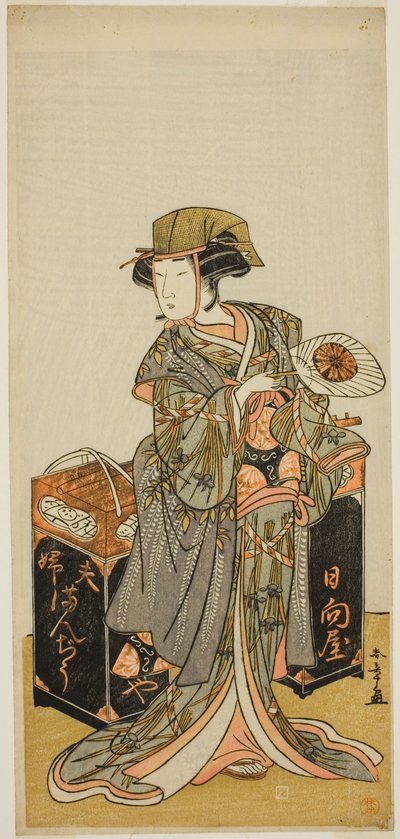 Skuespilleren Nakamura Tomijuro I som den kvindelige bønnekagehandler Hyugaya i stykket Chigo Torii Tobiiri Kitsune, opført på Ichimura Theatre i den ellevte måned, 1777 af Katsukawa Shunsho