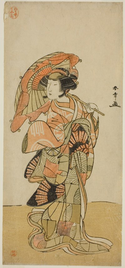 Skuespilleren Nakamura Tomijuro I som hunræven fra Ubagadake-bjerget i skuespillet "Chigo Torii Tobiiri Kitsune", opført på Ichimura-teatret i den ellevte måned, 1777 af Katsukawa Shunsho