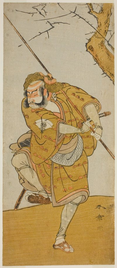 Skuespilleren Onoe Matsusuke I som Kobayashi no Asahina forklædt som en fuglefanger i skuespillet Edo no Haru Meisho Soga, opført på Ichimura Theatre i den tredje måned, 1773 af Katsukawa Shunsho
