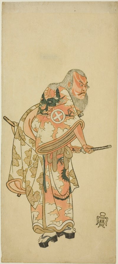 Skuespiller Otani Hiroemon III som Hige no Ikyu i scenen "Sukeroku" i stykket "Hitokidori Harutsuge Soga" af Katsukawa Shunsho
