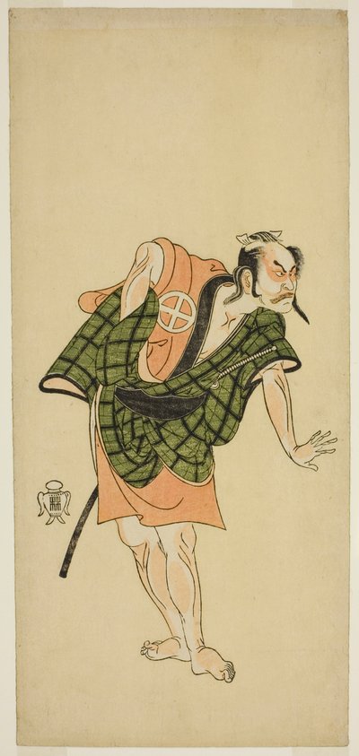 Skuespilleren Otani Hiroji III som Onio Shinzaemon (?) i Play Bunshin Sugatami Soga (?), opført på Morita Theatre (?) i den anden måned, 1765 (?) af Katsukawa Shunsho